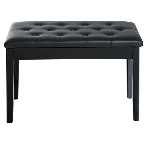 Black tufted upholstered piano stool bench with padded top and four angled legs