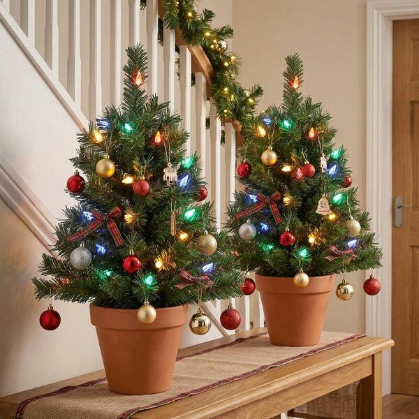 60 cm Prelit Christmas Tree, 2 Packs Artificial Christmas Trees with 60 Colourful LED Lights, 130 Tips, Green