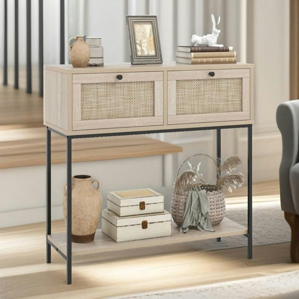 Rafaelo Mobilia Boho Style Hallway Console Table With 2 Drawers Light Brown