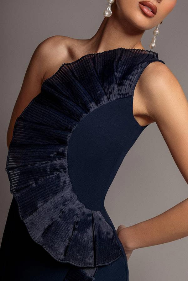 One Shoulder Pleated Fan Midi Dress - Navy Blue DR4872