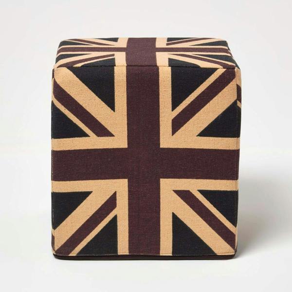 HOMESCAPES Cotton Cube Pouffe Vintage Union Jack - 36 x 36 x 38 cm