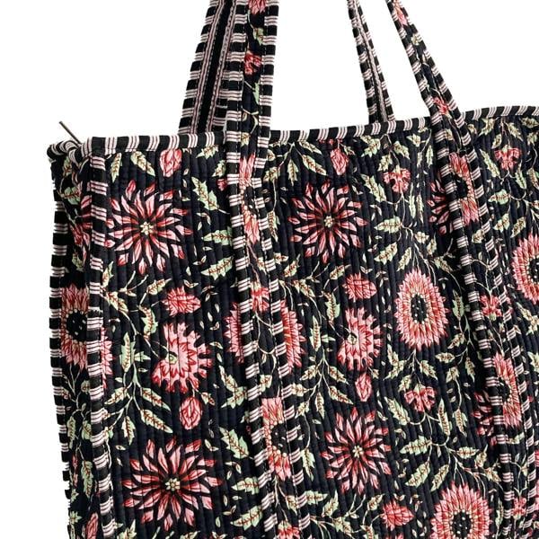 Hayley & Co Black and Pink Flower Quilted Cotton Shoulder Bag