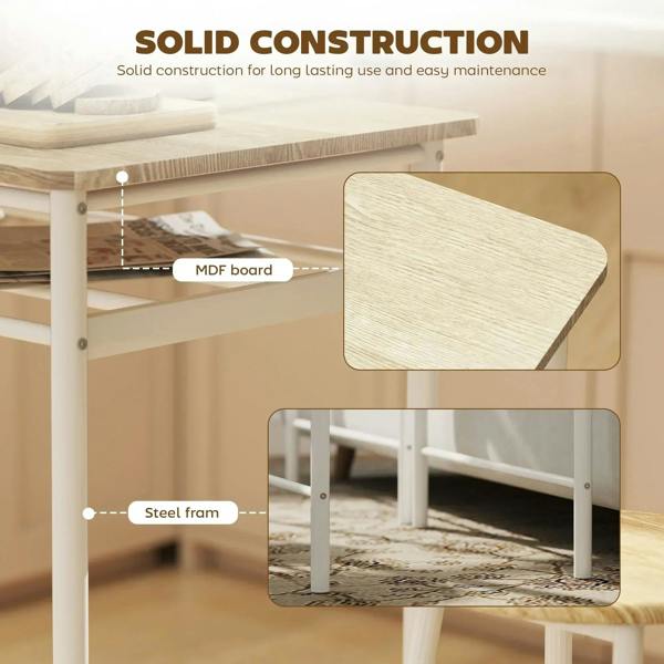 White bar table with oak-look MDF top and steel frame support details