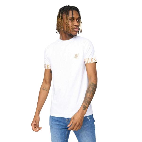 SikSilk Mens Tech Logo Branded Sleeve T-Shirt - White - 