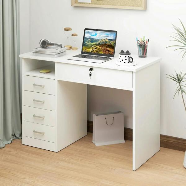 White desk with side drawers and central open area for books or office items