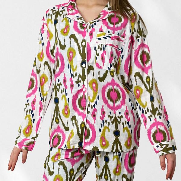 Hayley & Co Ikat Print 100% Cotton Long Pyjama Set in White and Print