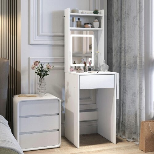 Wyld Haus Ravitti White Compact Vanity Desk With Mirror LED Lights Drop Leaf And Open Shelves