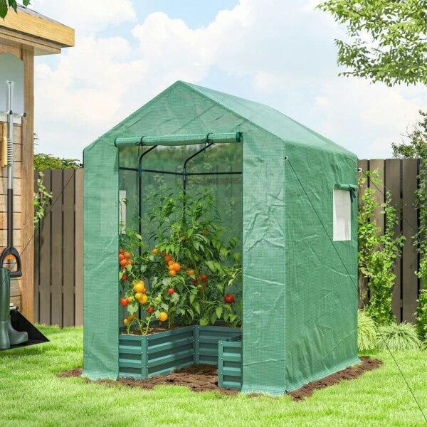 Bobobiy Small Greenhouse with Raised Garden Bed, Galvanised Walk-in Greenhouse with Roll Up Windows, 141 x 141 x 190 cm, Green - Green
