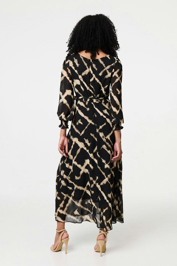 Black | Printed Long Sleeve Tie Waist Maxi Dress