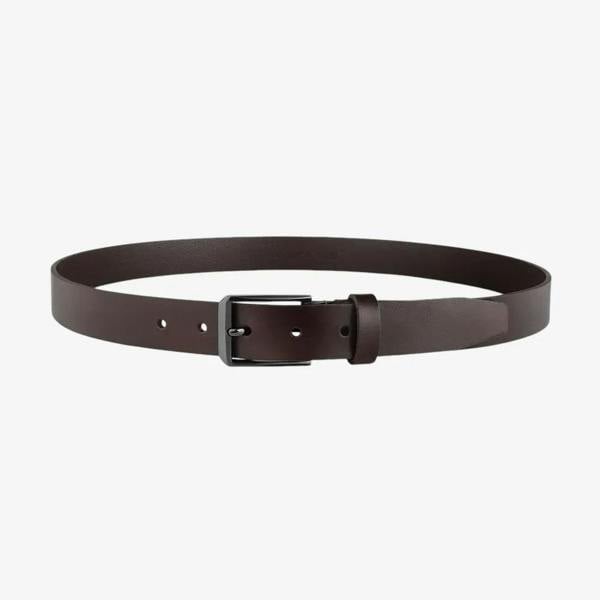 Full length view of Brown leather belt with a silver buckle on a light gray background