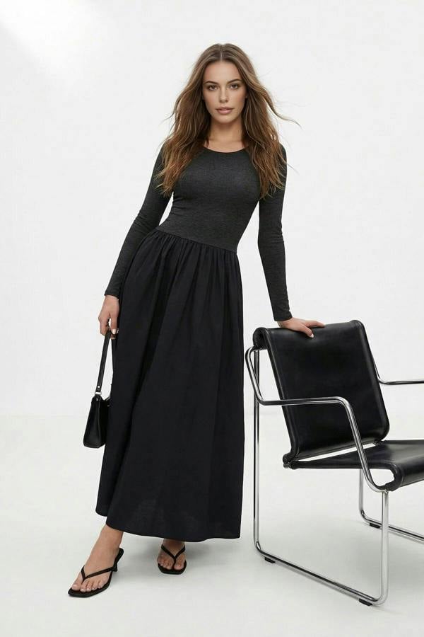 WOVCOR Long Sleeve Maxi Woven-Knit Mix Dress