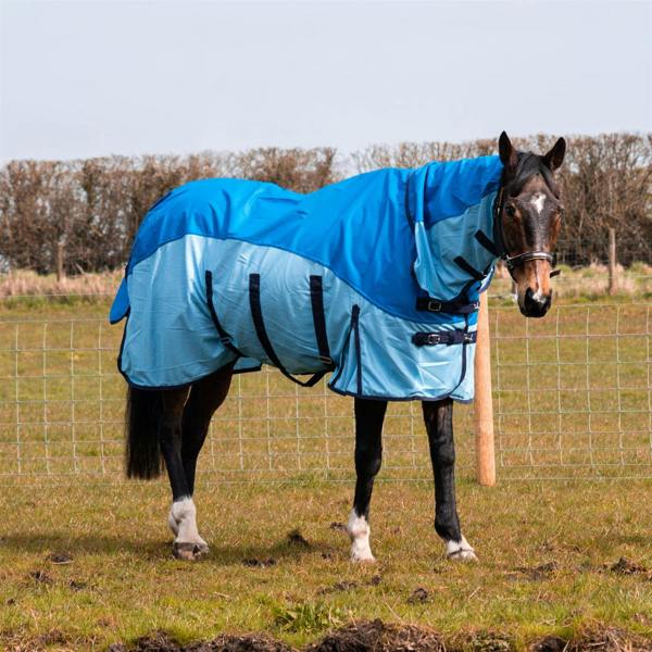eQuitack 600D 2 in 1 Waterproof Fly Turnout Mesh Horse Rug Fixed Neck Blue/Light Blue 5'6''