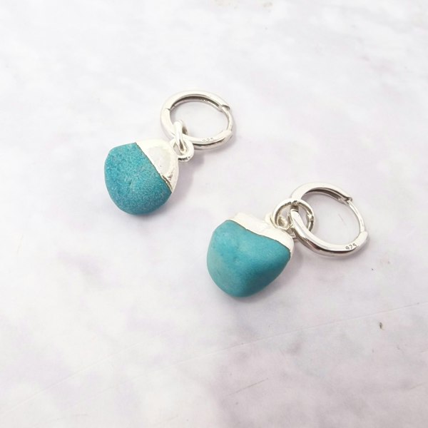 Raw Turquoise December Birthstone Silver Huggies