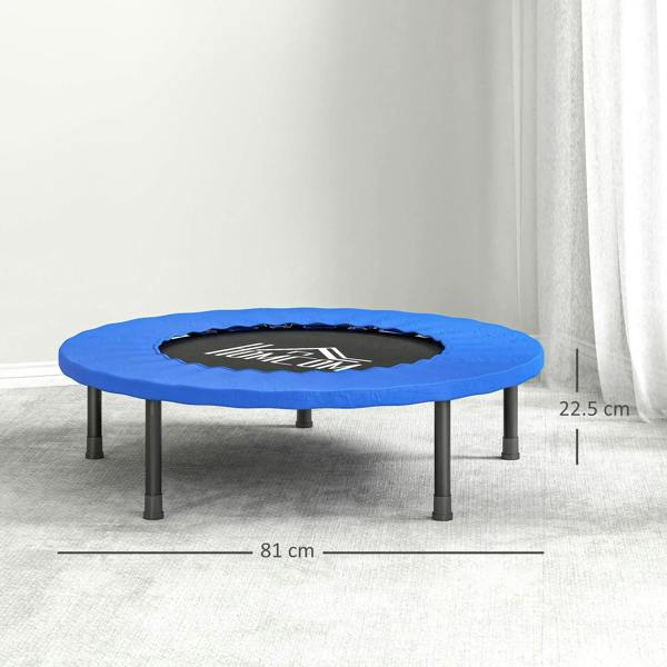 Blue round mini trampoline with black safety pad and center jumping surface, supported by legs