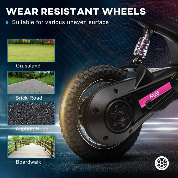 Close-up of pink-and-black rear wheel of a kids electric motorbike with thick tread tire