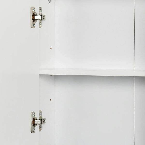 White double-door mirror cabinet interior with two hinges visible