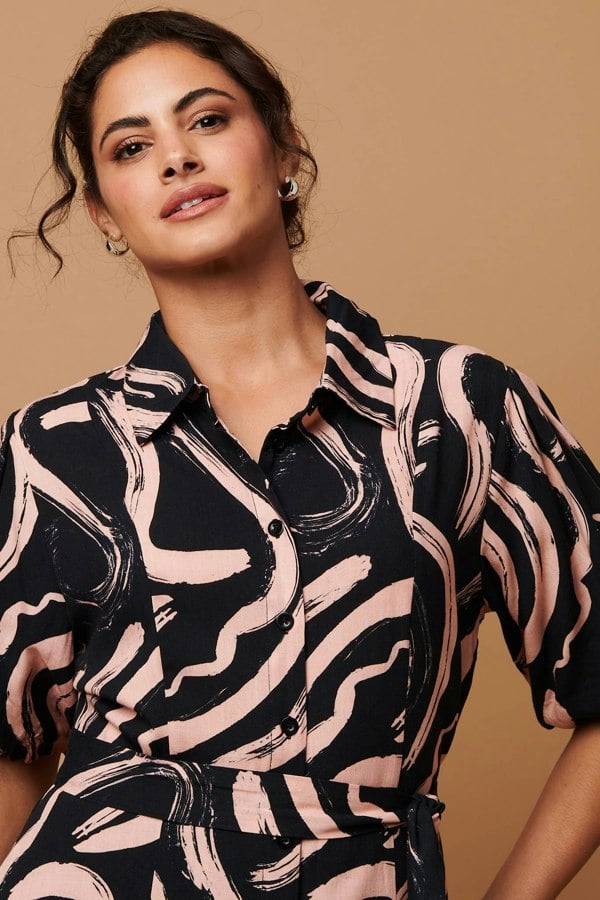 Pink | Brushstroke Print Short Shirt Dress
