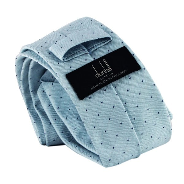 Dunhill woven twill tie in a pin dot pattern Woven raw silk with a natural slub to the fabric blue royal blue