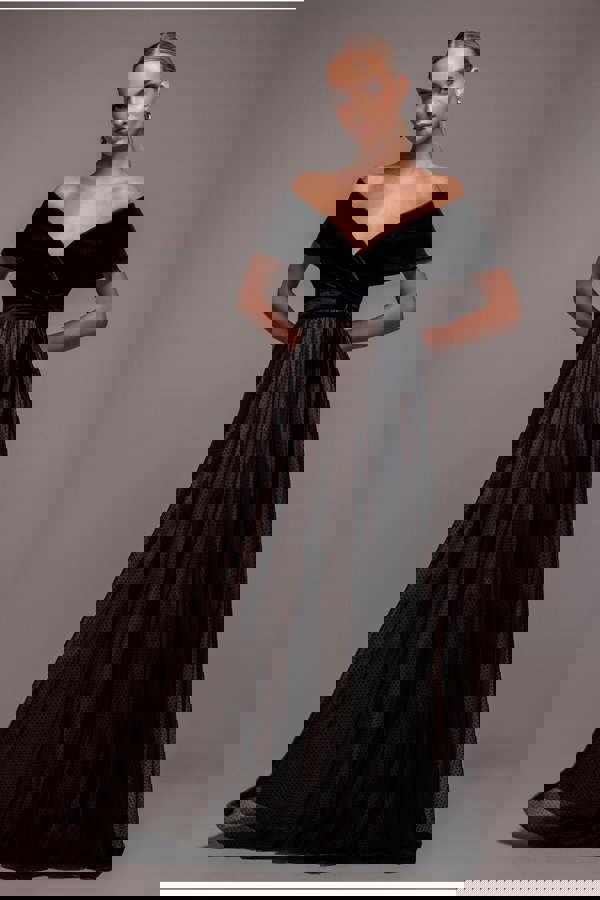 Velvet Bardot Dobby Mesh A Line Maxi Dress - Black DR4827