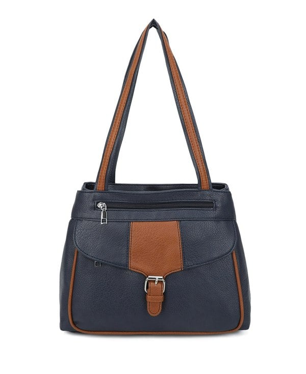 Kitise Large Structured Buckle Color Block Tote Shoulder Bag
