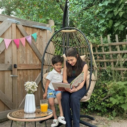 Bobobiy Hanging Egg Chair Garden Swing Chair with Folding Basket and Thickened Cushion, Garden Hanging Chair with Stand, Headrest, Cup Holder, Khaki