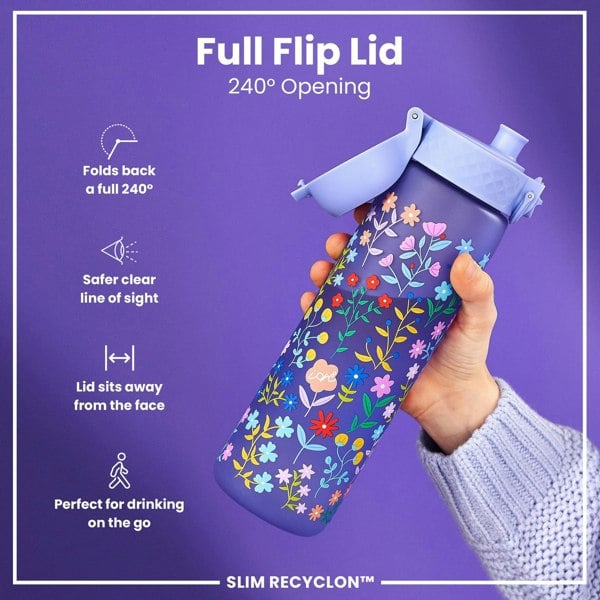 ION8 Leak Proof Slim Water Bottle, Recyclon, Ditsy Floral, 500ml (18oz)