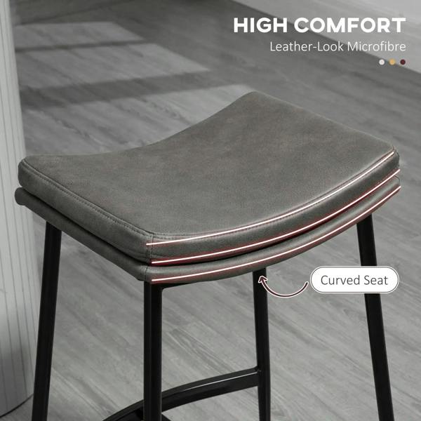 Grey upholstered bar stool with curved seat and black steel legs