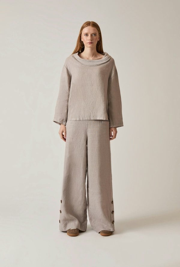 Taupe linen top with draped cowl neckline