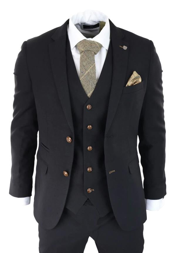 Paul Andrew Mens Black 3 piece Suit Brown Trim Classic Birdseye Vintage Wedding Grooms