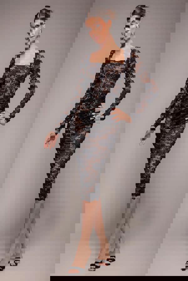 Scalloped Lace Corset Bodice Midi Dress - Black DR4526