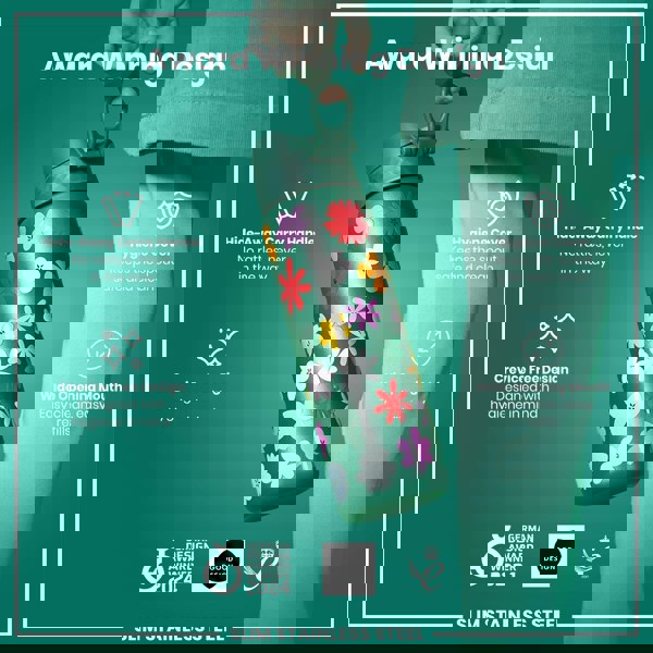 A slim stainless steel water bottle, being held, features a floral design. It has a hide-away handle, crevice-free design, hygiene cover, and wide opening mouth. The bottle is an award-winning design.