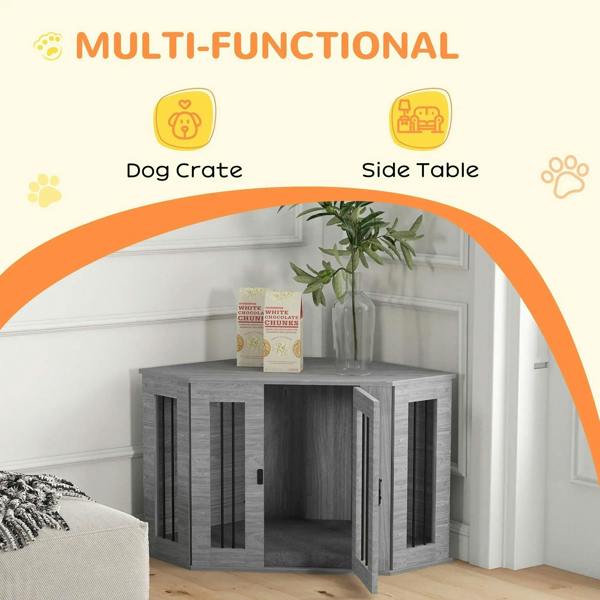 Grey dog crate furniture side table with cushion top and black barred front opening