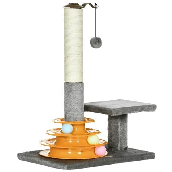 Grey cat tree tower with tall sisal scratching post, hanging ball, and orange ball toy base