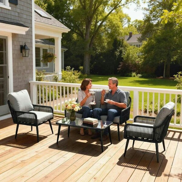 Rattan Garden Furniture Set, 4 Piece Outdoor Patio Furniture with Tempered Glass Table and Chairs, Indoor Balcony Conservatory Set