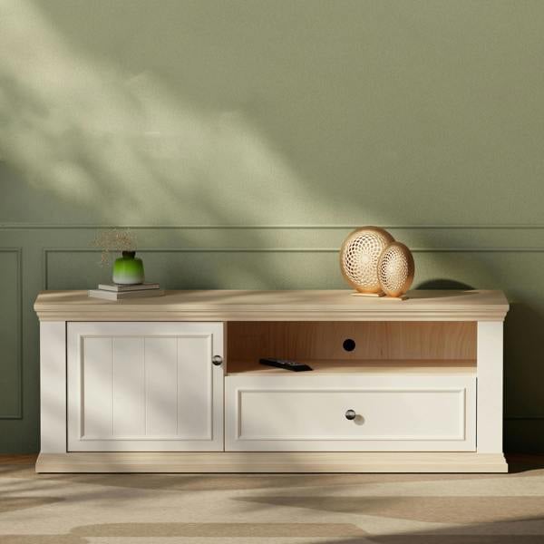 Furniture To Go Pontypool TV Unit with Drawer & Open Shelf in White and Riva Oak
