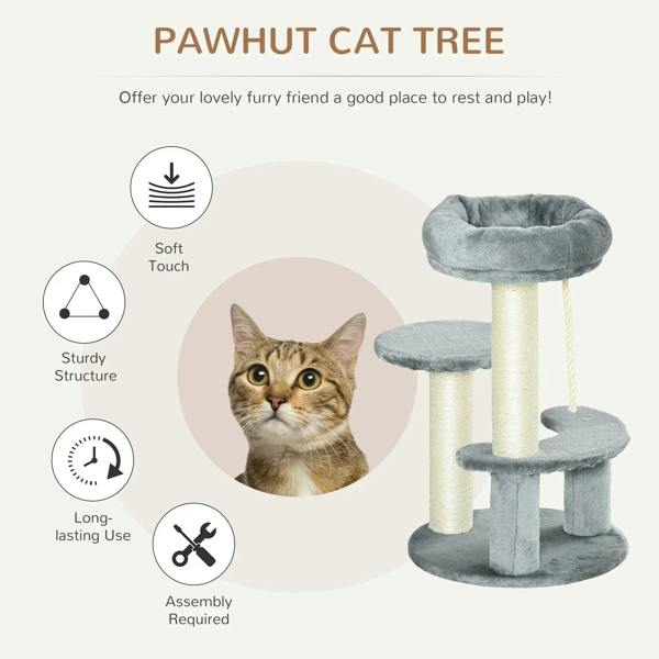 Grey cat tree with plush top bed, middle and lower perches, sisal posts, hanging rope