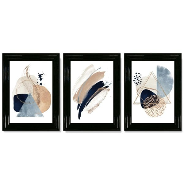 Artze Wall Art Set of 3 Abstract Beige Blue and Gold Framed Prints
