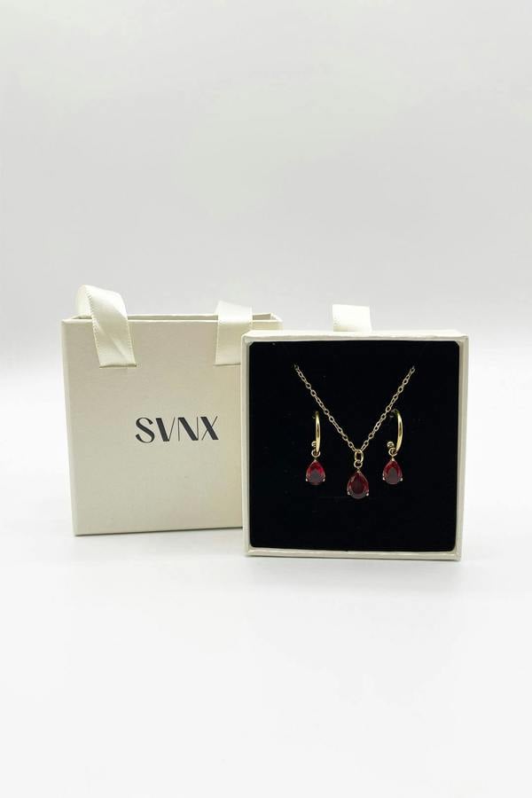 SVNX Rhinestone Teardrop Necklace & Earrings Set in Red - Gift Boxed
