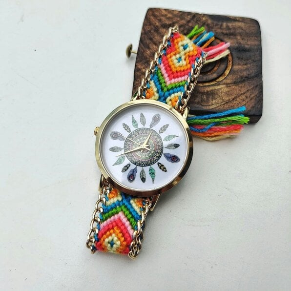 The Colourful Aura Boho Mandala Dial Jute Braided Bracelet Wrist Watch for Women - Orange