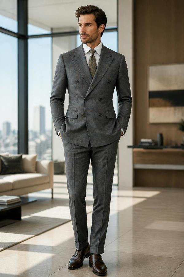 A man wearing a gray double-breasted suit with a white shirt and a patterned tie, standing in a modern, sunlit loft apartment.