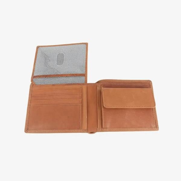 Tan leather wallet open on a white background