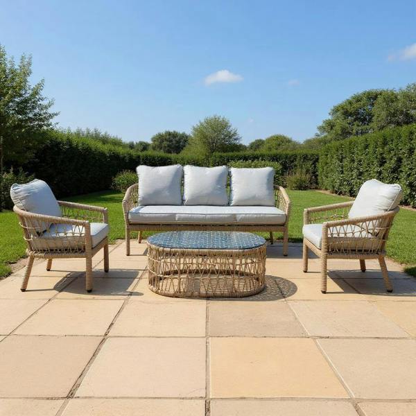 Shatchi Capri 5-Seater Natural Woven Rattan Garden Furniture Sofa Set with Open Weave Design & Coffee Table