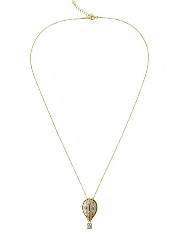 Gold necklace with a hot air balloon pendant on a white background