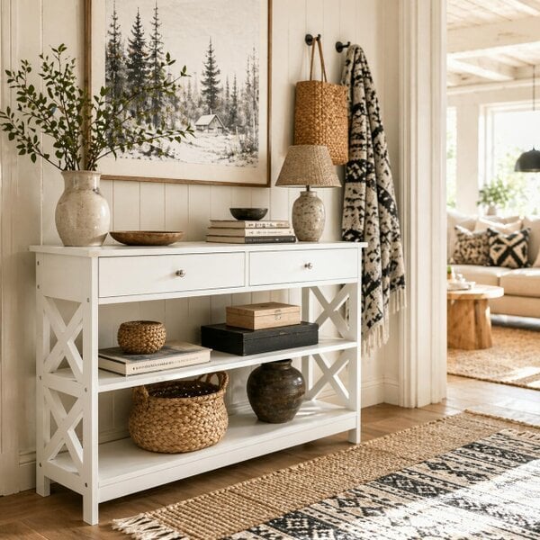 Wyld Haus Ralupa 100cm Wooden White X Frame Console Table With Drawers And Open Shelving
