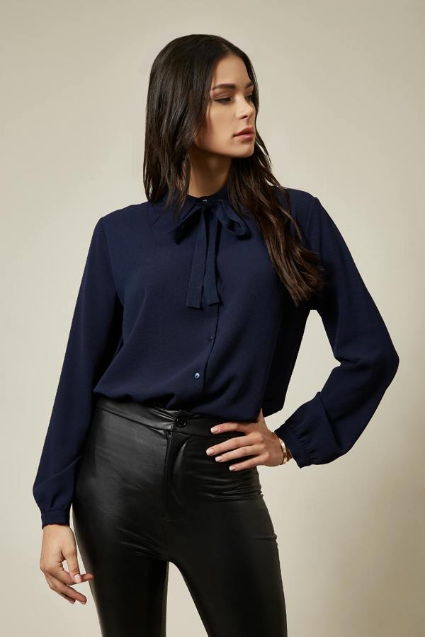 Hoxton Gal Tie Neck Oversized Top In Navy