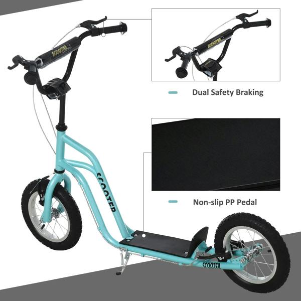 Teal kids kick scooter with black handlebars and deck, large 12-inch rubber tires