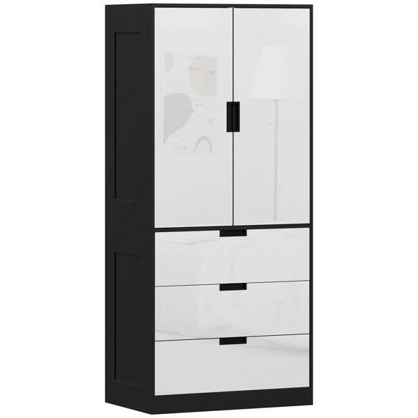 Modern high-gloss white 2-door wardrobe with three drawers and center handle