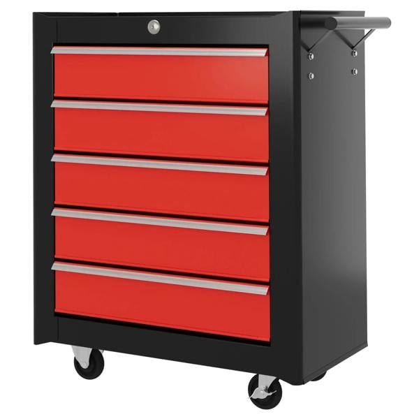 Red 5-drawer steel tool chest cabinet with side handle and caster wheels