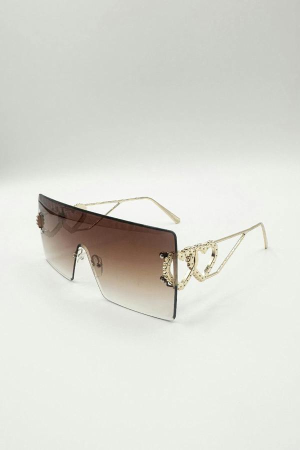 Flatop Rimless Heart Detail Sunglasses In Brown - svnx
