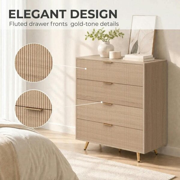Bedroom Chest of Drawers with 4 Drawers, Fluted Dresser with Gold Tone Handles, Storage Cabinet, Natural